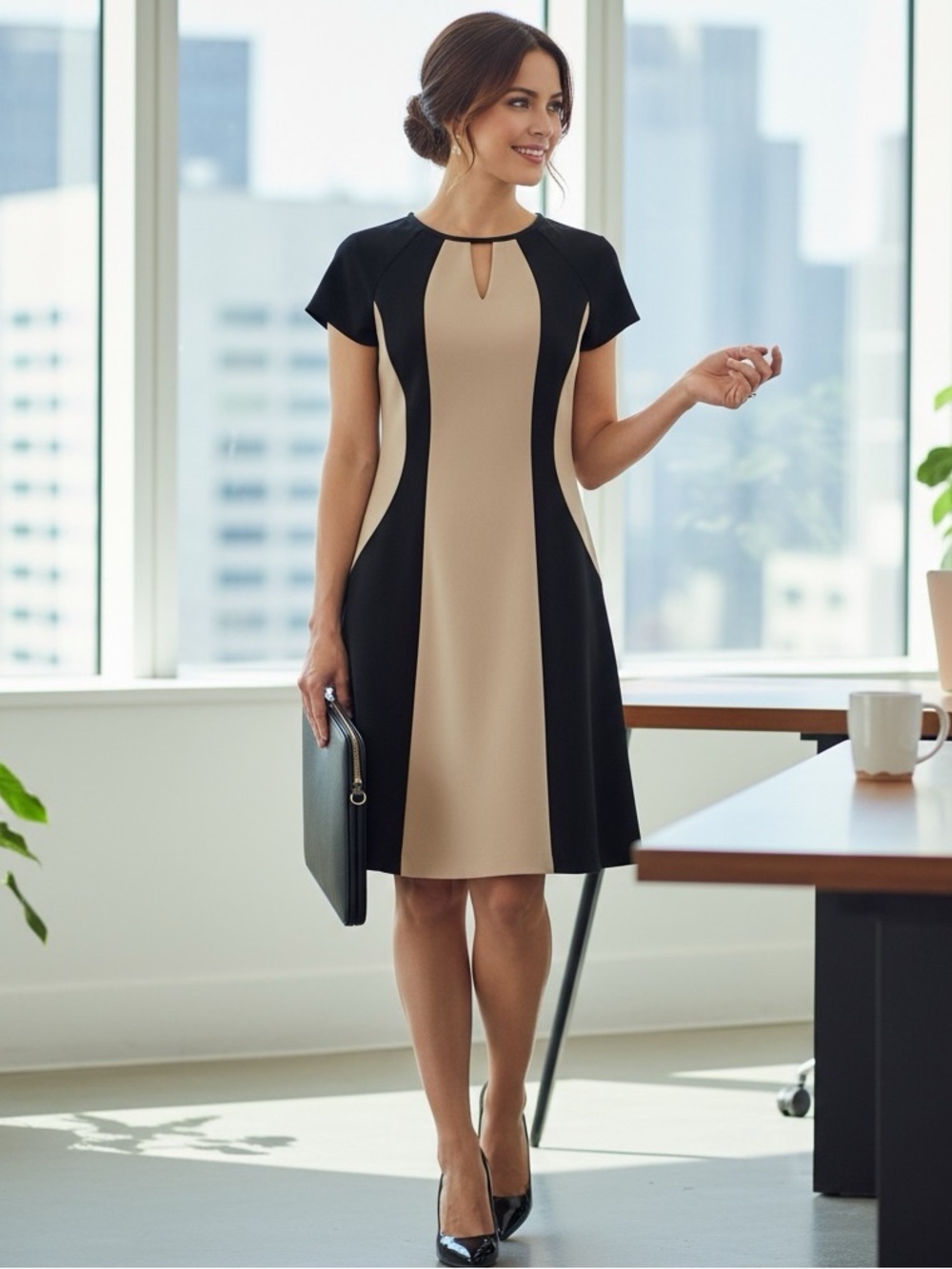Illusion Midi Dress Black & Tan Cap Sleeve Full Zip Work Office Women’s Size 8